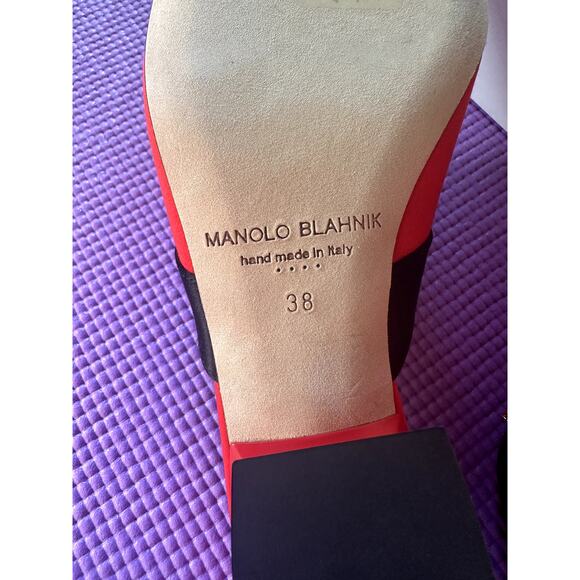 Manolo Blahnik RARE Red Black Silk Embellished Mules Clogs Size 38 NEW Shoes - Picture 3 of 9